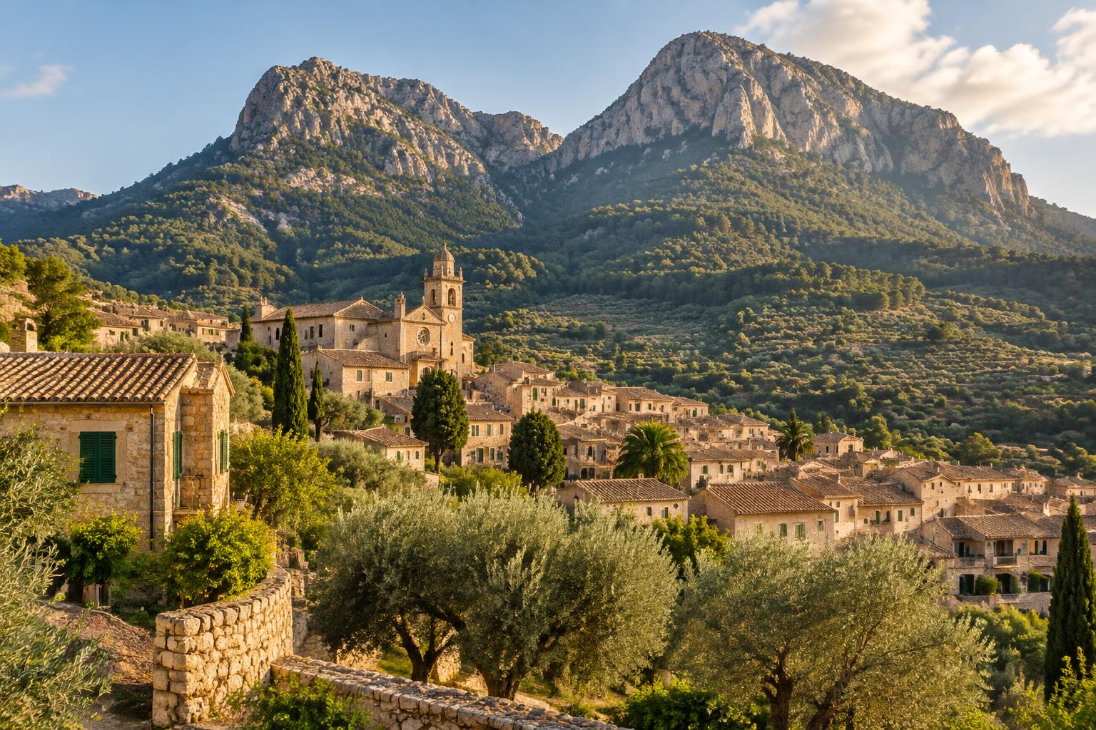 Illustrative Mallorcan village and mountains, not a verified photograph of Alaró