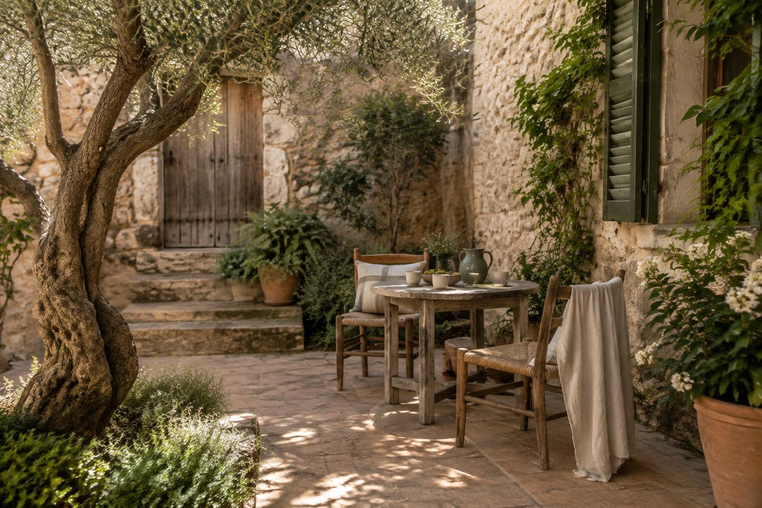 Illustrative olive-shaded courtyard with a table set for a quiet morning