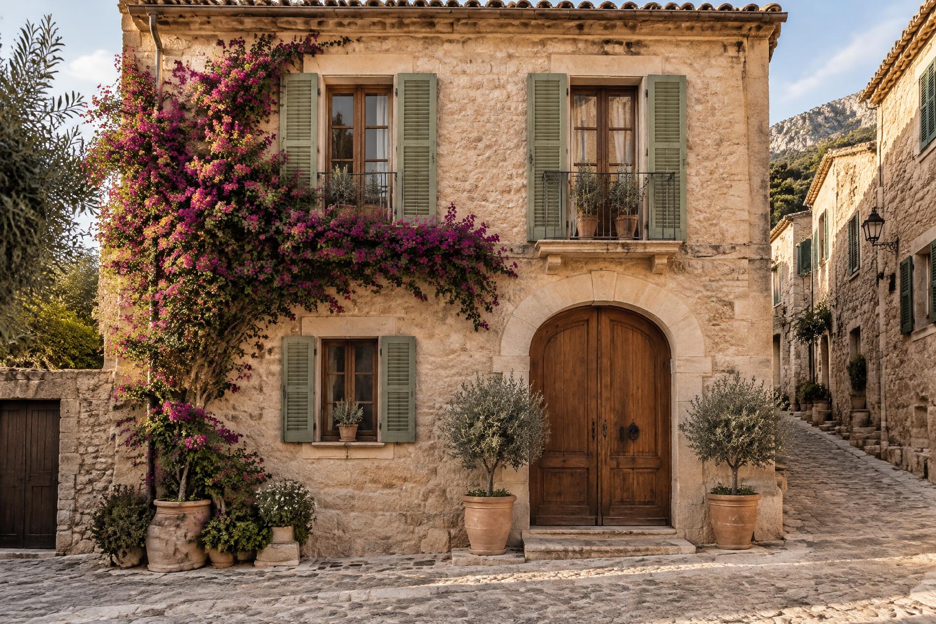 Illustrative traditional Mallorcan townhouse with limestone walls, olive shutters and bougainvillea